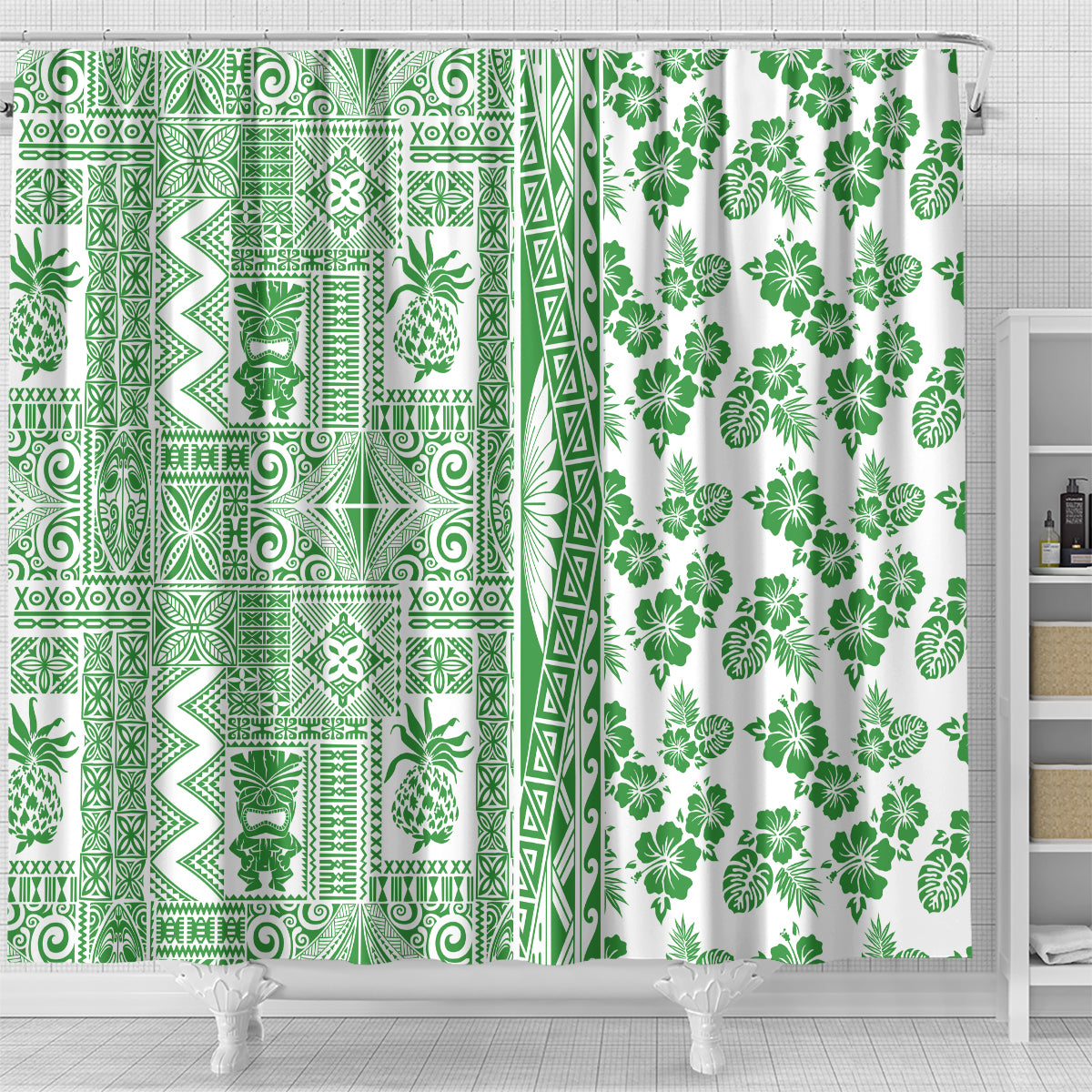 Hawaii Shower Curtain Aloha Tropical Plants Tribal Pattern Green Version LT03 - Polynesian Pride