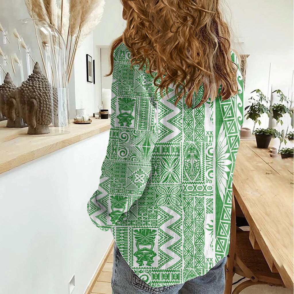 Hawaii Women Casual Shirt Aloha Tropical Plants Tribal Pattern Green Version LT03 - Polynesian Pride