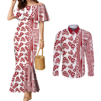 Hawaii Couples Matching Mermaid Dress and Long Sleeve Button Shirt Aloha Tropical Plants Tribal Pattern Red Version LT03 Red - Polynesian Pride