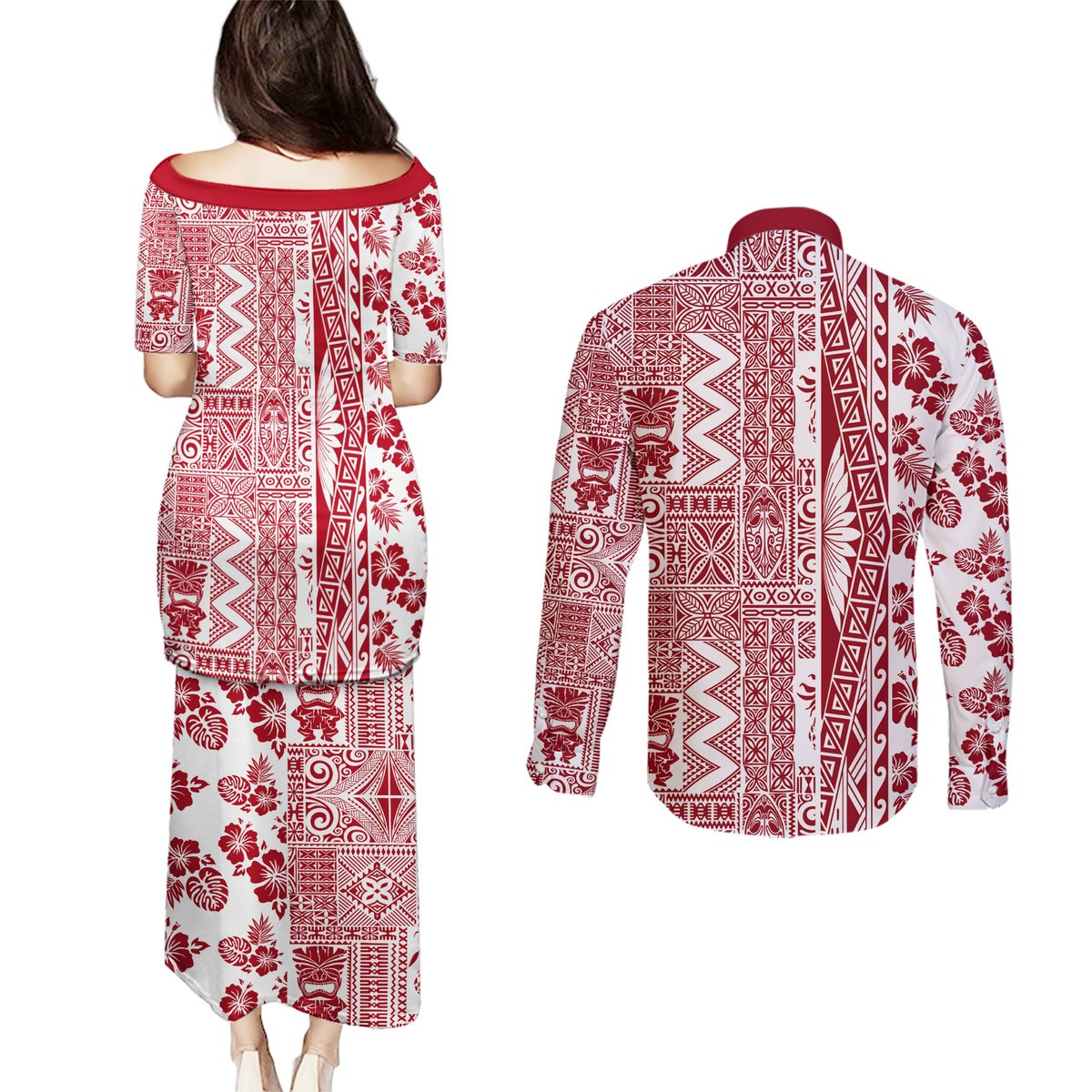 Hawaii Couples Matching Puletasi Dress and Long Sleeve Button Shirt Aloha Tropical Plants Tribal Pattern Red Version LT03 - Polynesian Pride