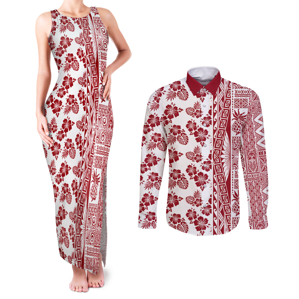 Hawaii Couples Matching Tank Maxi Dress and Long Sleeve Button Shirt Aloha Tropical Plants Tribal Pattern Red Version LT03 Red - Polynesian Pride