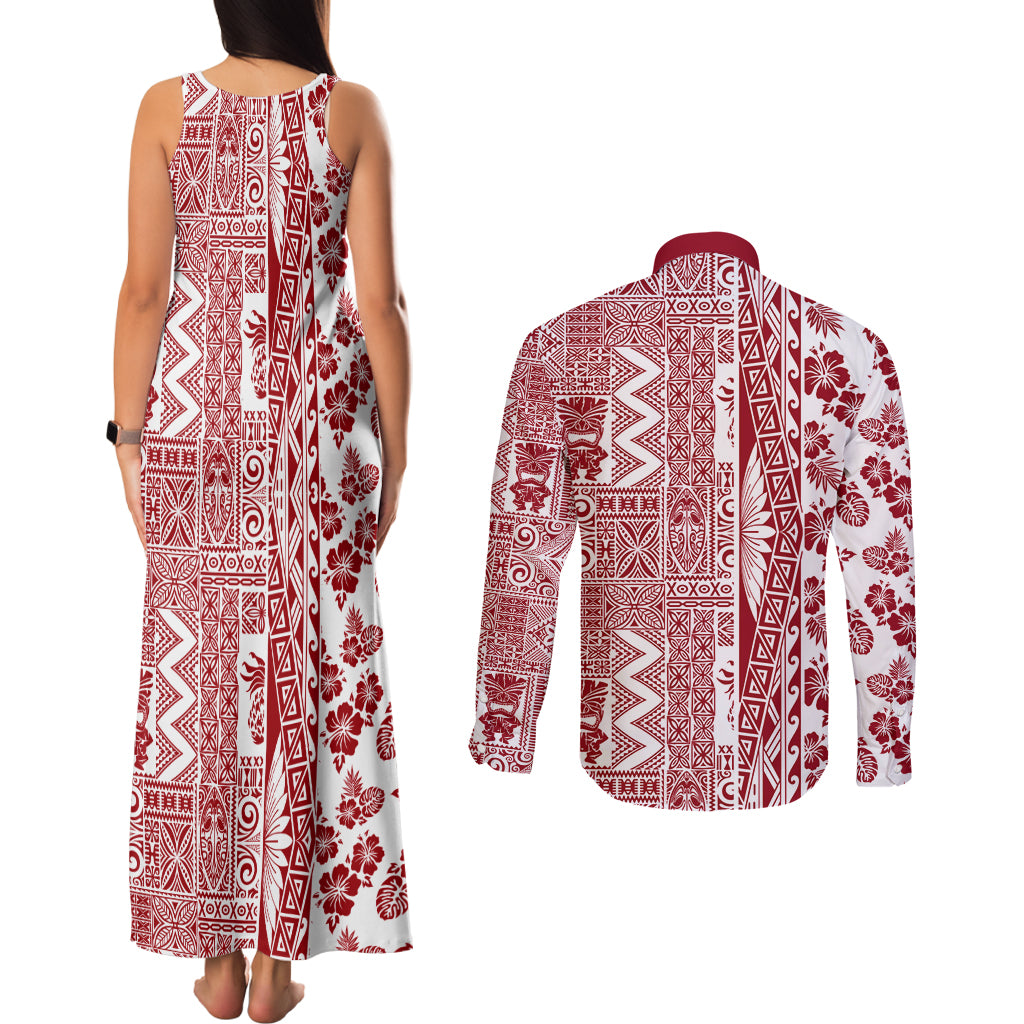 Hawaii Couples Matching Tank Maxi Dress and Long Sleeve Button Shirt Aloha Tropical Plants Tribal Pattern Red Version LT03 - Polynesian Pride