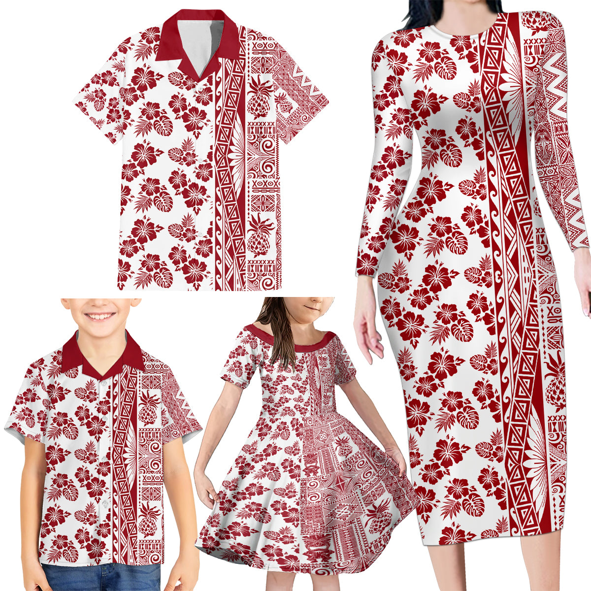Hawaii Family Matching Long Sleeve Bodycon Dress and Hawaiian Shirt Aloha Tropical Plants Tribal Pattern Red Version LT03 - Polynesian Pride