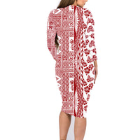 Hawaii Family Matching Long Sleeve Bodycon Dress and Hawaiian Shirt Aloha Tropical Plants Tribal Pattern Red Version LT03 - Polynesian Pride