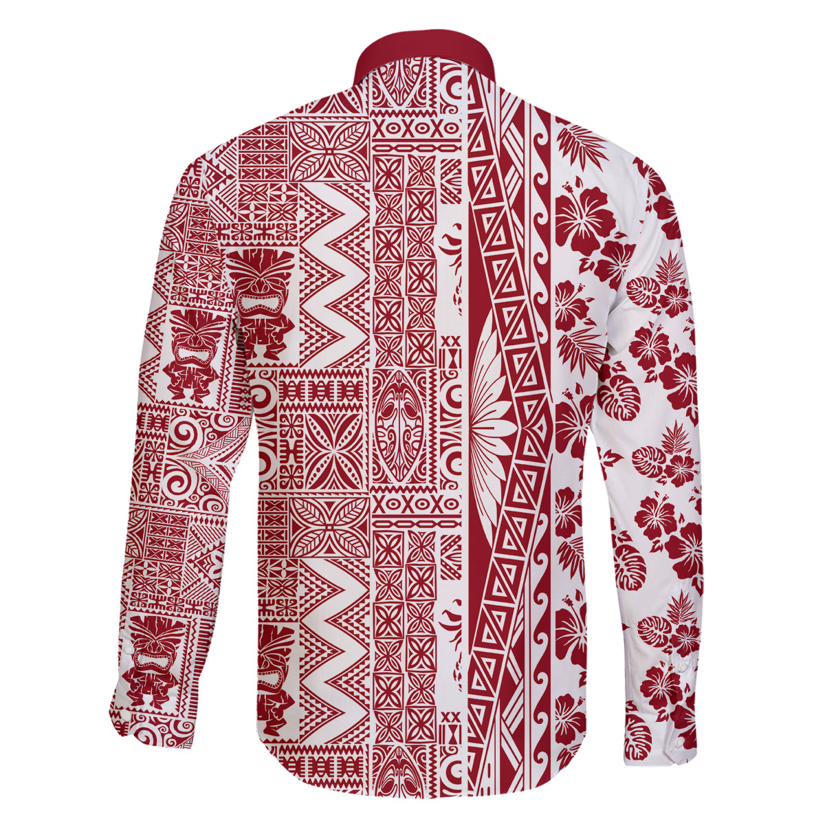 Hawaii Family Matching Off Shoulder Long Sleeve Dress and Hawaiian Shirt Aloha Tropical Plants Tribal Pattern Red Version LT03 - Polynesian Pride