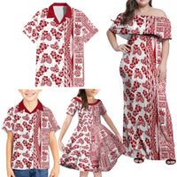 Hawaii Family Matching Off Shoulder Maxi Dress and Hawaiian Shirt Aloha Tropical Plants Tribal Pattern Red Version LT03 - Polynesian Pride