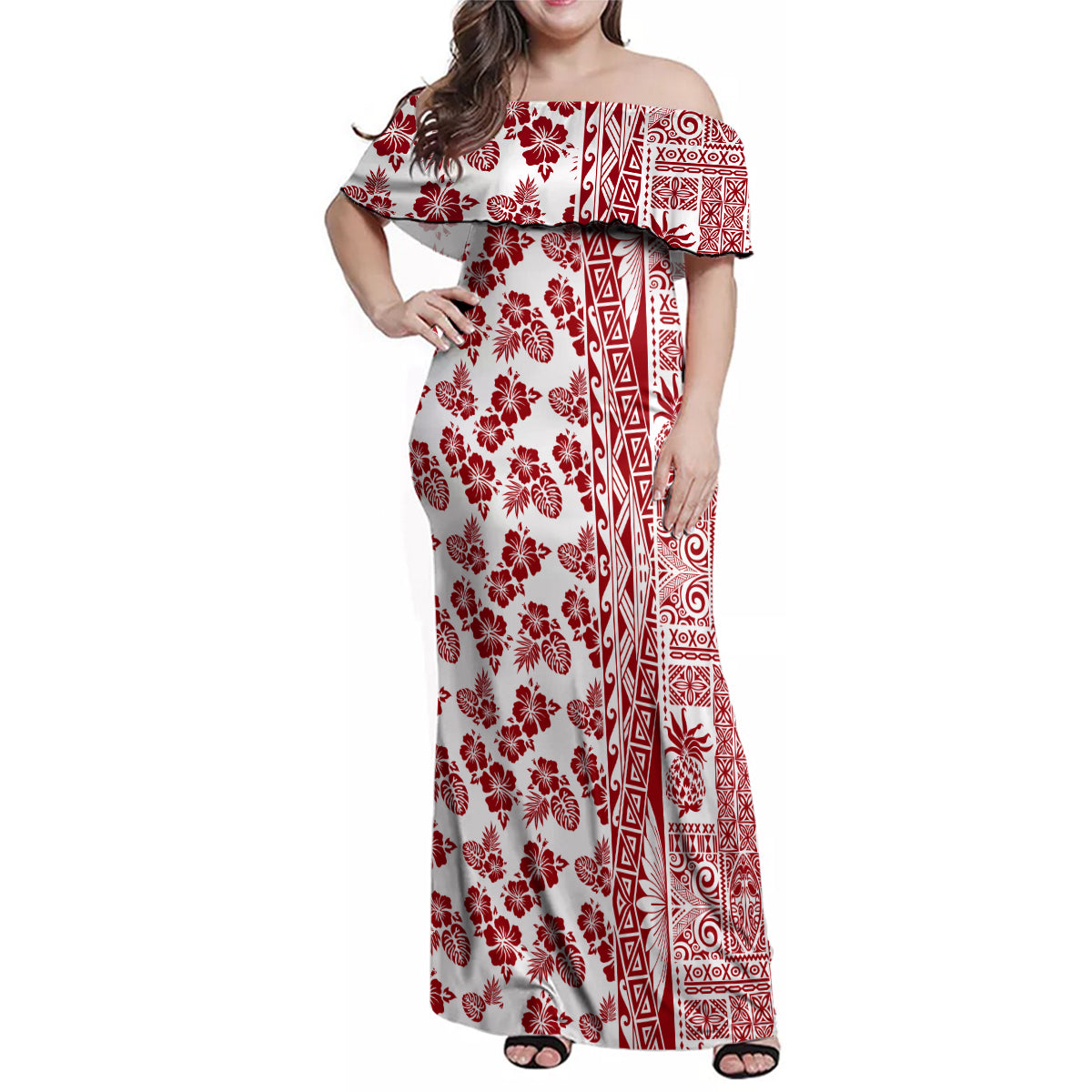 Hawaii Family Matching Off Shoulder Maxi Dress and Hawaiian Shirt Aloha Tropical Plants Tribal Pattern Red Version LT03 Mom's Dress Red - Polynesian Pride
