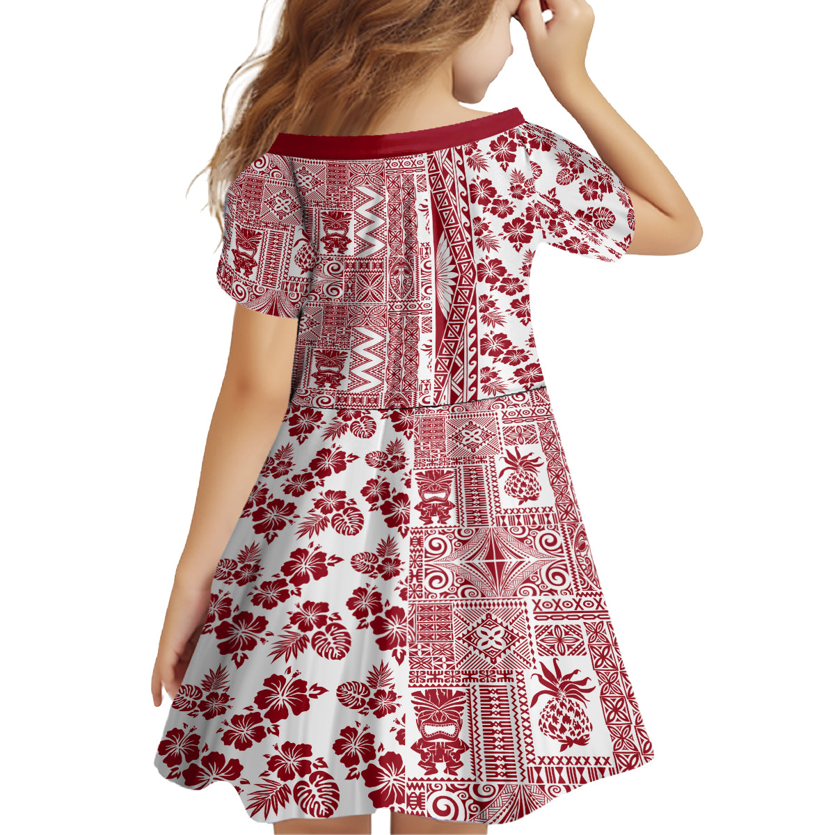 Hawaii Family Matching Off Shoulder Short Dress and Hawaiian Shirt Aloha Tropical Plants Tribal Pattern Red Version LT03 - Polynesian Pride