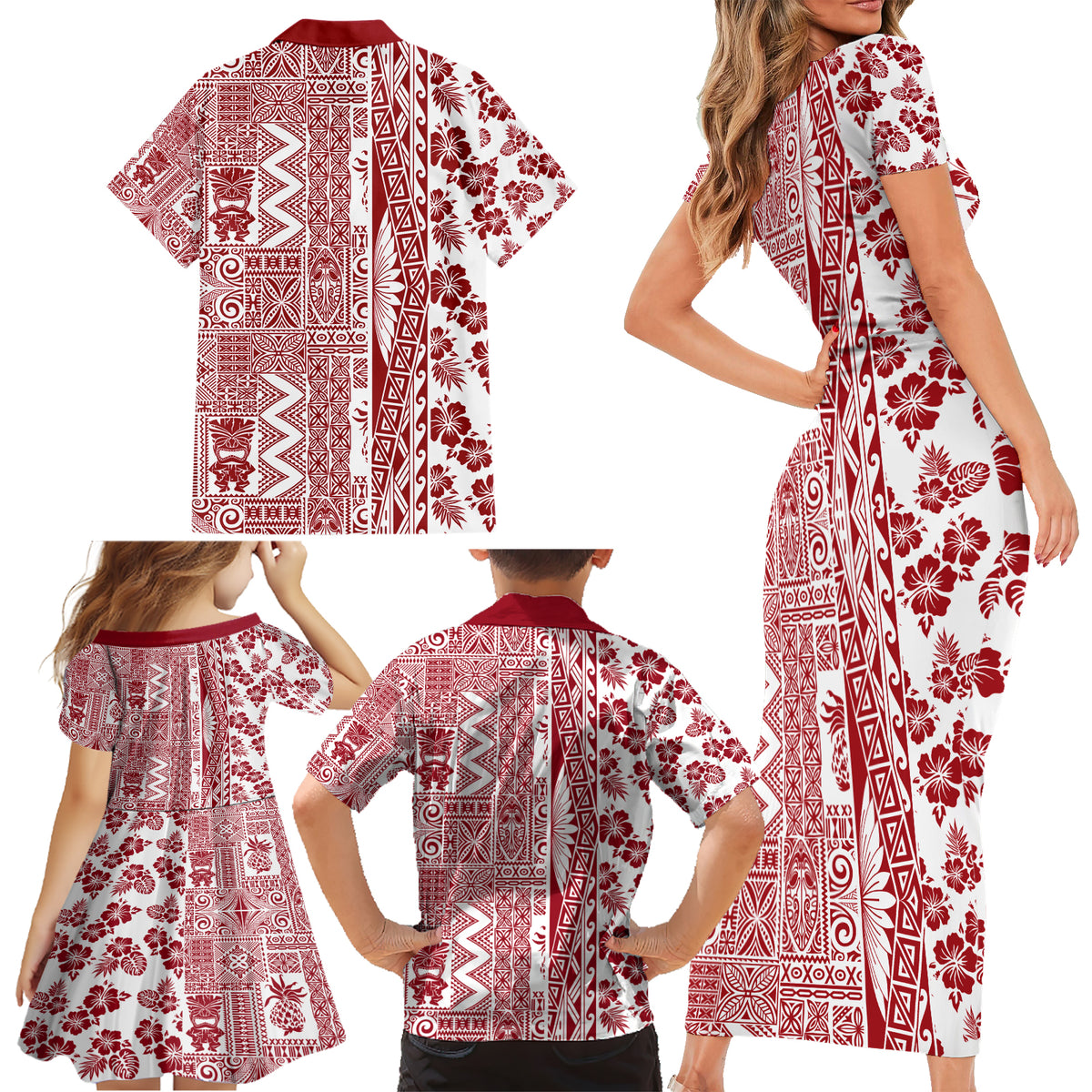 Hawaii Family Matching Short Sleeve Bodycon Dress and Hawaiian Shirt Aloha Tropical Plants Tribal Pattern Red Version LT03 - Polynesian Pride
