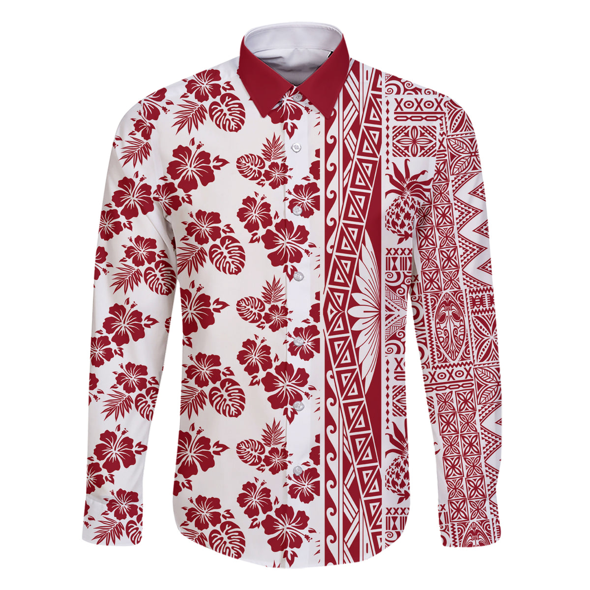 Hawaii Family Matching Short Sleeve Bodycon Dress and Hawaiian Shirt Aloha Tropical Plants Tribal Pattern Red Version LT03 Dad's Shirt - Long Sleeve Red - Polynesian Pride