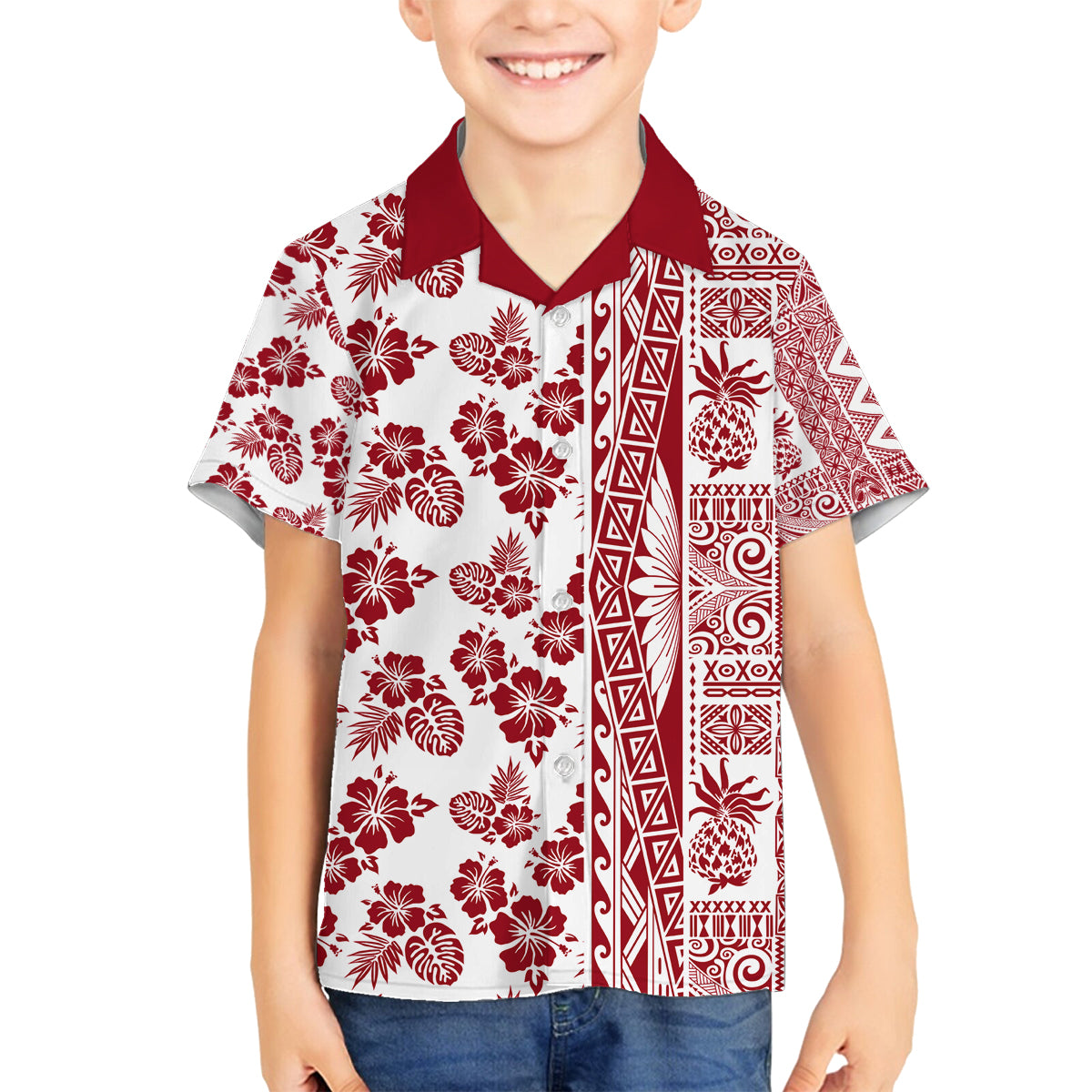 Hawaii Family Matching Tank Maxi Dress and Hawaiian Shirt Aloha Tropical Plants Tribal Pattern Red Version LT03 Son's Shirt Red - Polynesian Pride