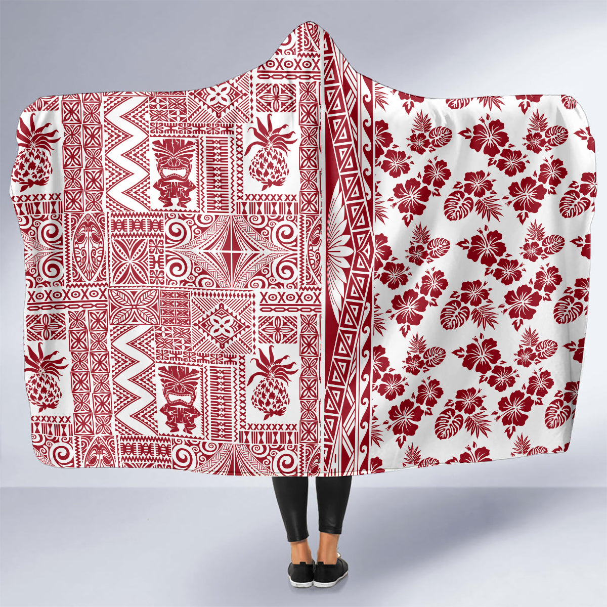 Hawaii Hooded Blanket Aloha Tropical Plants Tribal Pattern Red Version LT03 - Polynesian Pride