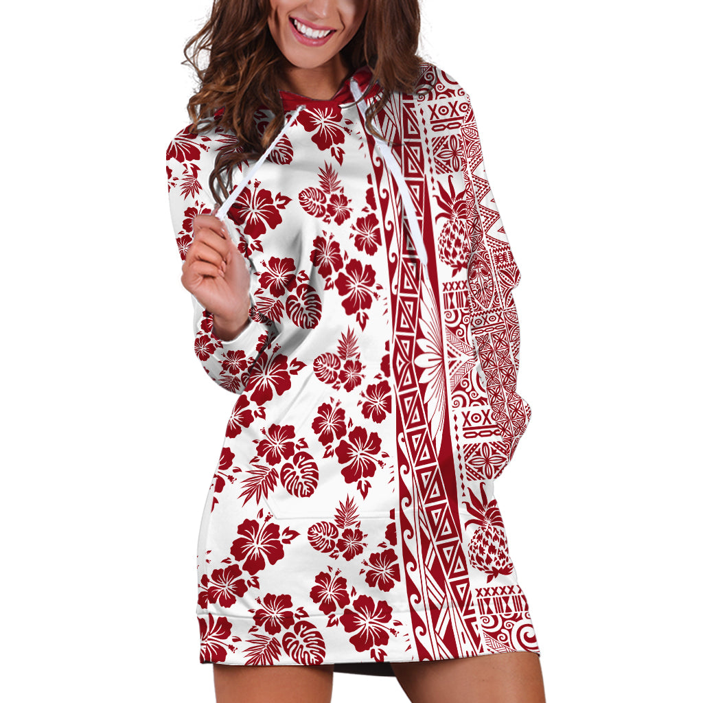 Hawaii Hoodie Dress Aloha Tropical Plants Tribal Pattern Red Version LT03 Red - Polynesian Pride