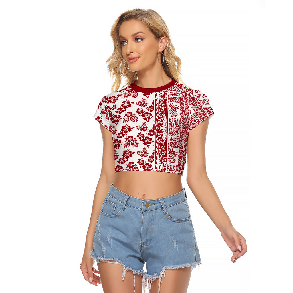 Hawaii Raglan Cropped T Shirt Aloha Tropical Plants Tribal Pattern Red Version LT03 Female Red - Polynesian Pride
