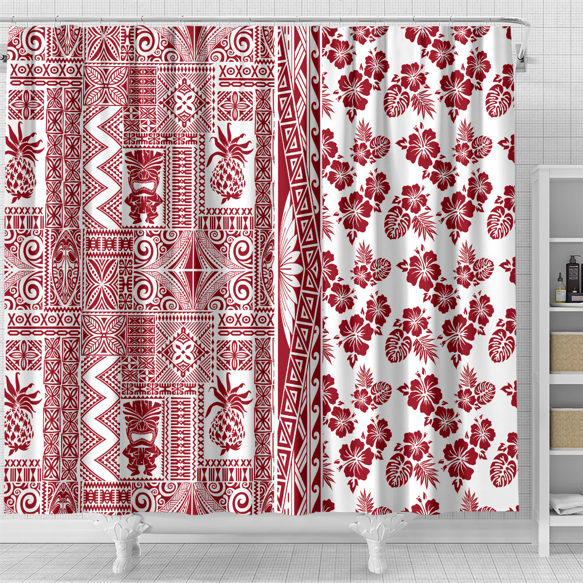Hawaii Shower Curtain Aloha Tropical Plants Tribal Pattern Red Version LT03 - Polynesian Pride