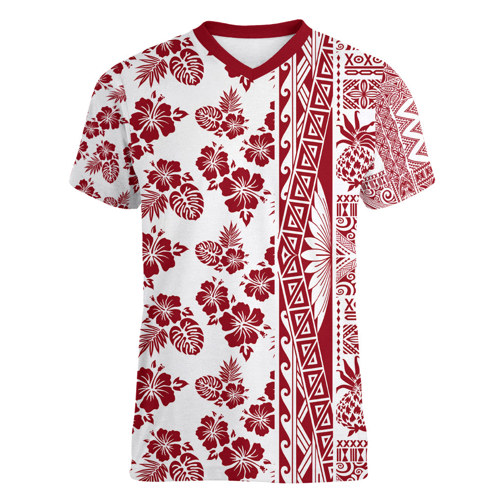 Hawaii Women V Neck T Shirt Aloha Tropical Plants Tribal Pattern Red Version LT03 Female Red - Polynesian Pride