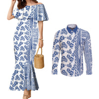 Hawaii Couples Matching Mermaid Dress and Long Sleeve Button Shirt Aloha Tropical Plants Tribal Pattern Blue Version LT03 Blue - Polynesian Pride