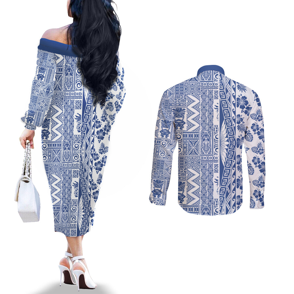 Hawaii Couples Matching Off The Shoulder Long Sleeve Dress and Long Sleeve Button Shirt Aloha Tropical Plants Tribal Pattern Blue Version LT03 - Polynesian Pride