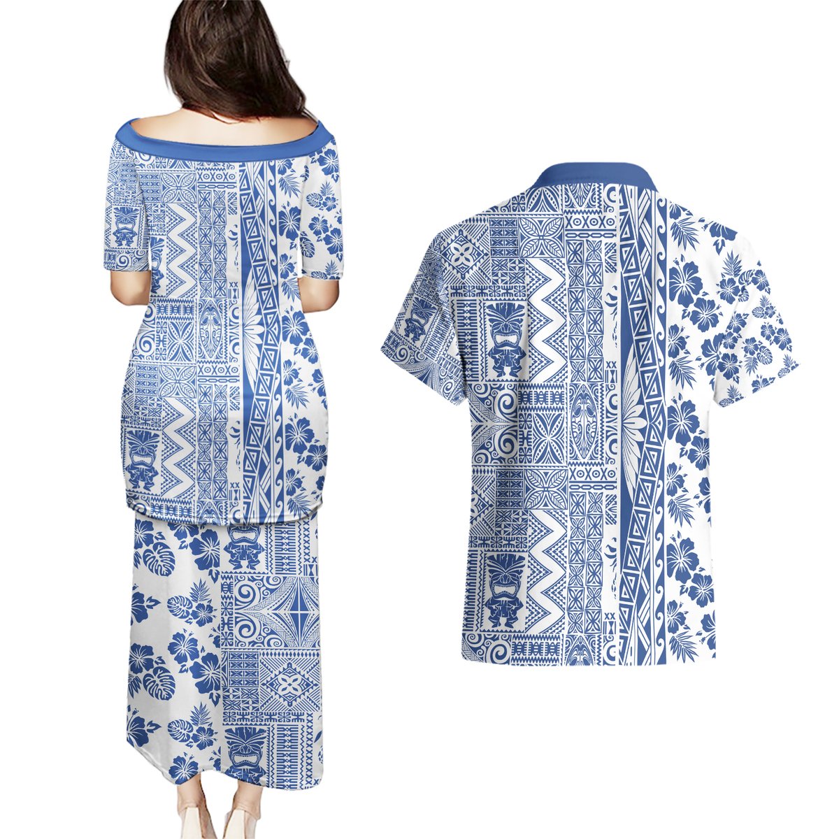 Hawaii Couples Matching Puletasi Dress and Hawaiian Shirt Aloha Tropical Plants Tribal Pattern Blue Version LT03 - Polynesian Pride
