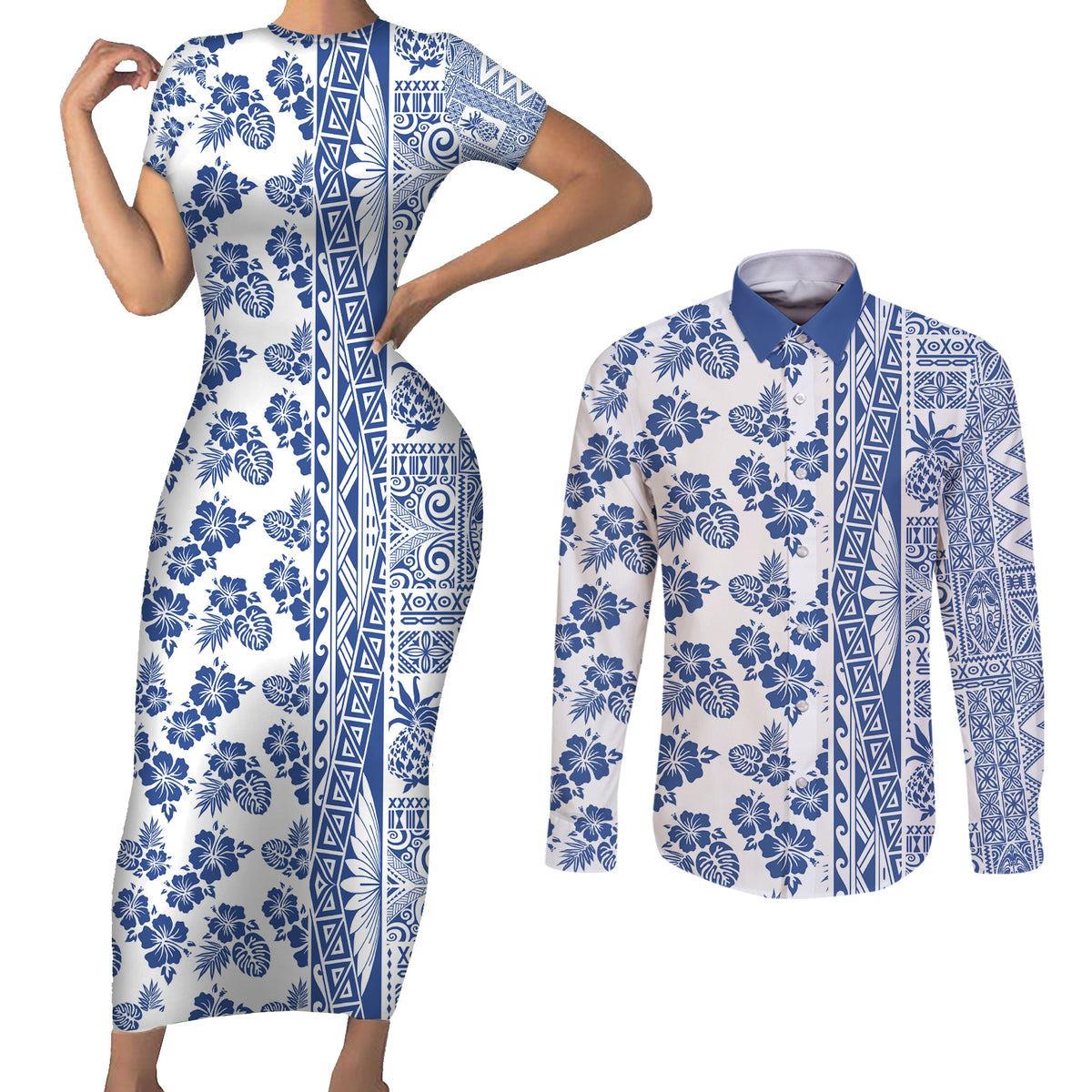 Hawaii Couples Matching Short Sleeve Bodycon Dress and Long Sleeve Button Shirt Aloha Tropical Plants Tribal Pattern Blue Version LT03 Blue - Polynesian Pride