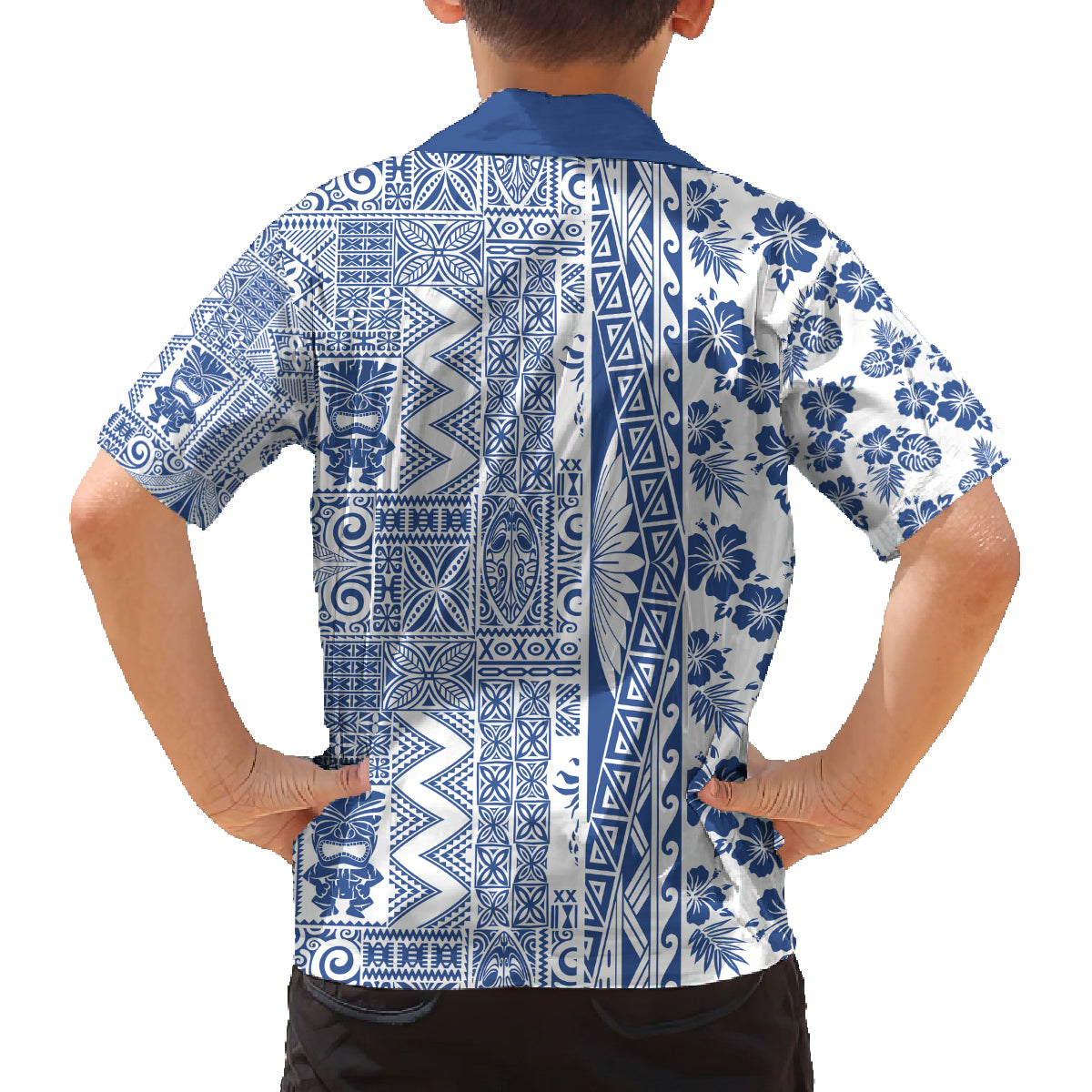 Hawaii Family Matching Long Sleeve Bodycon Dress and Hawaiian Shirt Aloha Tropical Plants Tribal Pattern Blue Version LT03 - Polynesian Pride