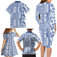 Hawaii Family Matching Long Sleeve Bodycon Dress and Hawaiian Shirt Aloha Tropical Plants Tribal Pattern Blue Version LT03 - Polynesian Pride