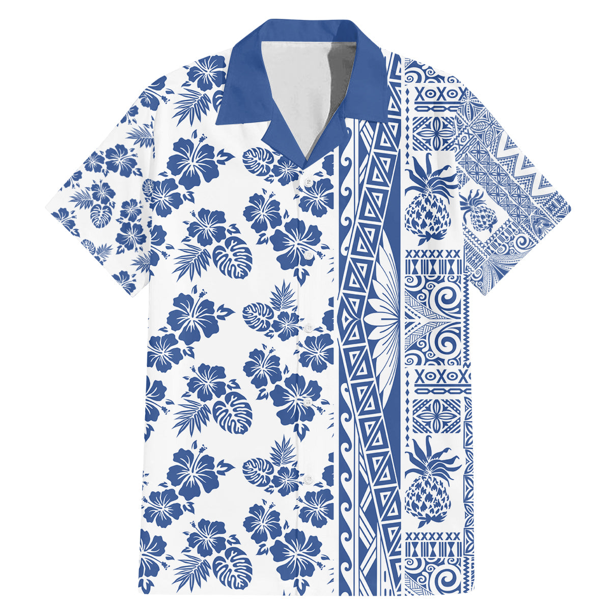 Hawaii Family Matching Mermaid Dress and Hawaiian Shirt Aloha Tropical Plants Tribal Pattern Blue Version LT03 Dad's Shirt - Short Sleeve Blue - Polynesian Pride
