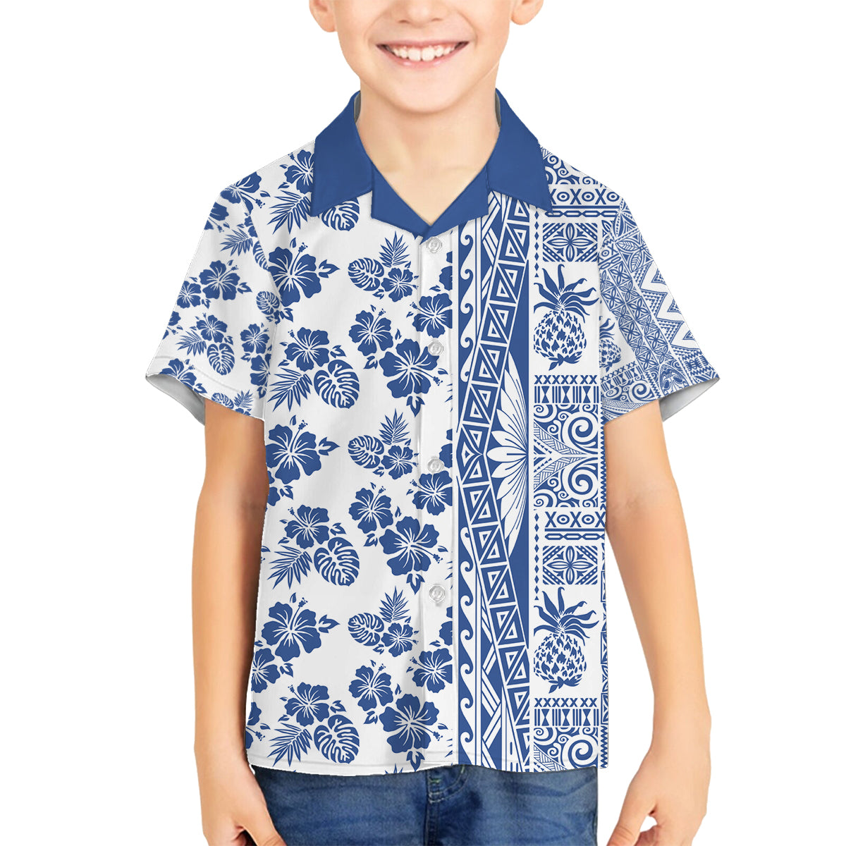 Hawaii Family Matching Off Shoulder Long Sleeve Dress and Hawaiian Shirt Aloha Tropical Plants Tribal Pattern Blue Version LT03 Son's Shirt Blue - Polynesian Pride
