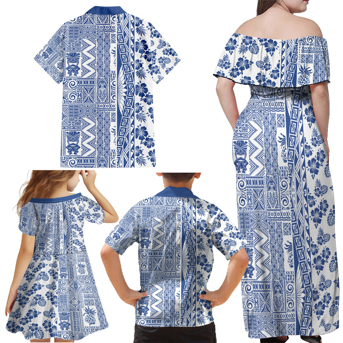 Hawaii Family Matching Off Shoulder Maxi Dress and Hawaiian Shirt Aloha Tropical Plants Tribal Pattern Blue Version LT03 - Polynesian Pride