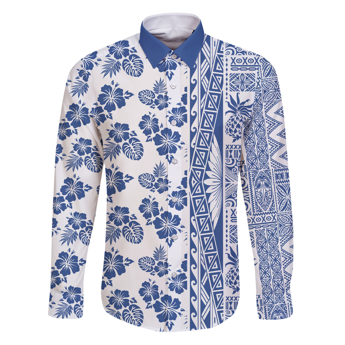 Hawaii Family Matching Puletasi Dress and Hawaiian Shirt Aloha Tropical Plants Tribal Pattern Blue Version LT03 Dad's Shirt - Long Sleeve Blue - Polynesian Pride