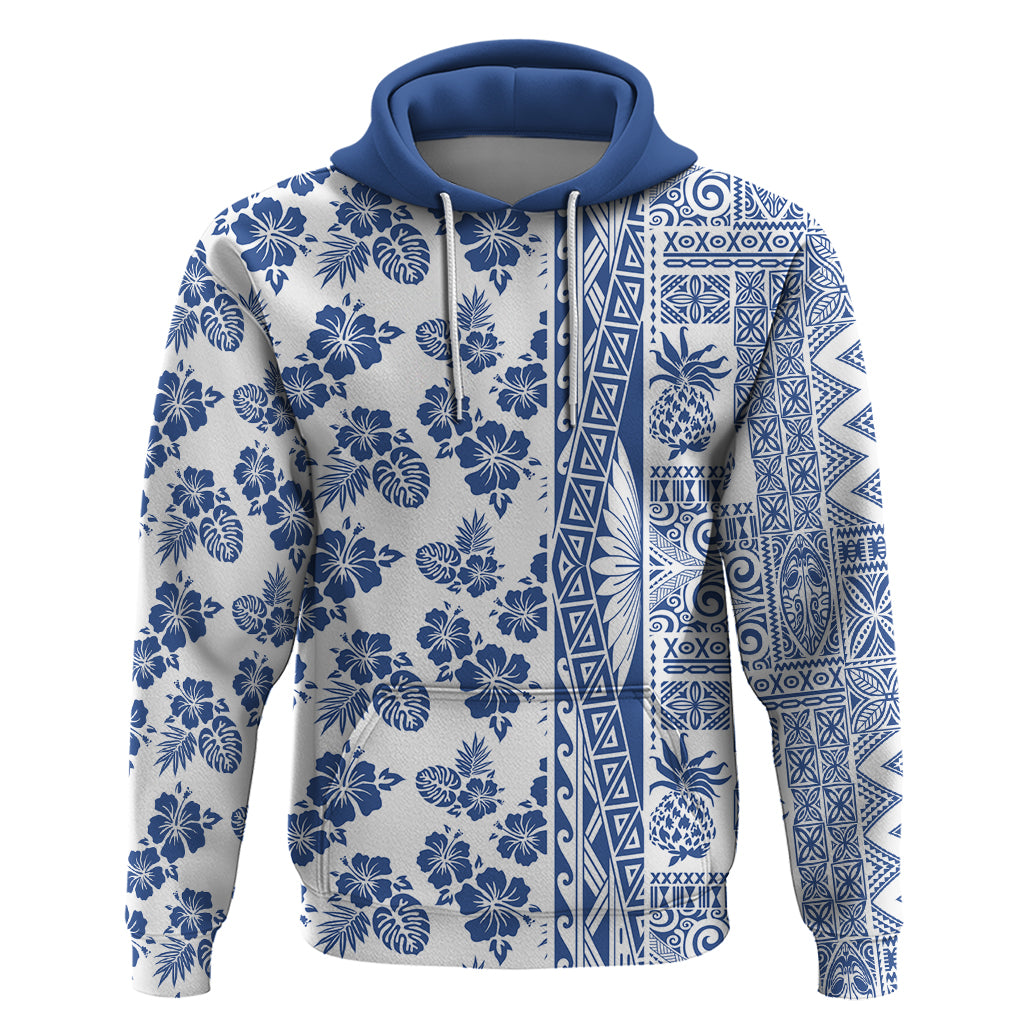 Hawaii Hoodie Aloha Tropical Plants Tribal Pattern Blue Version LT03 Pullover Hoodie Blue - Polynesian Pride