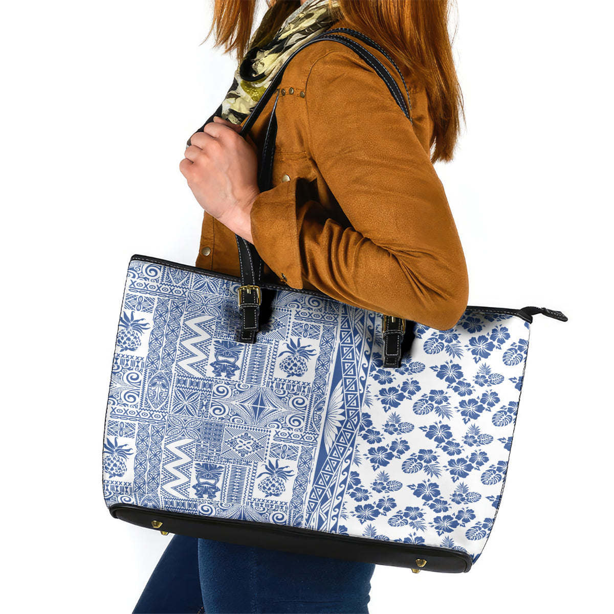 Hawaii Leather Tote Bag Aloha Tropical Plants Tribal Pattern Blue Version LT03 Blue - Polynesian Pride