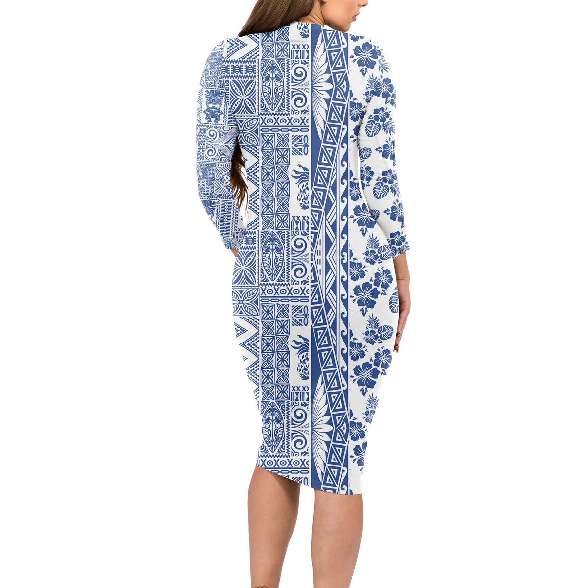 Hawaii Long Sleeve Bodycon Dress Aloha Tropical Plants Tribal Pattern Blue Version LT03 - Polynesian Pride