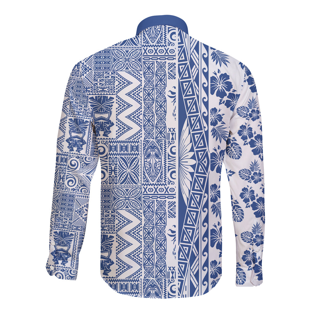 Hawaii Long Sleeve Button Shirt Aloha Tropical Plants Tribal Pattern Blue Version LT03 - Polynesian Pride
