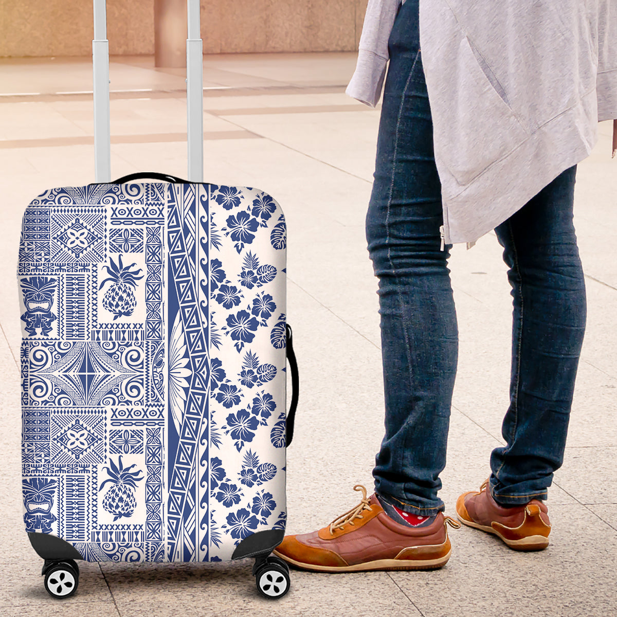 Hawaii Luggage Cover Aloha Tropical Plants Tribal Pattern Blue Version LT03 Blue - Polynesian Pride