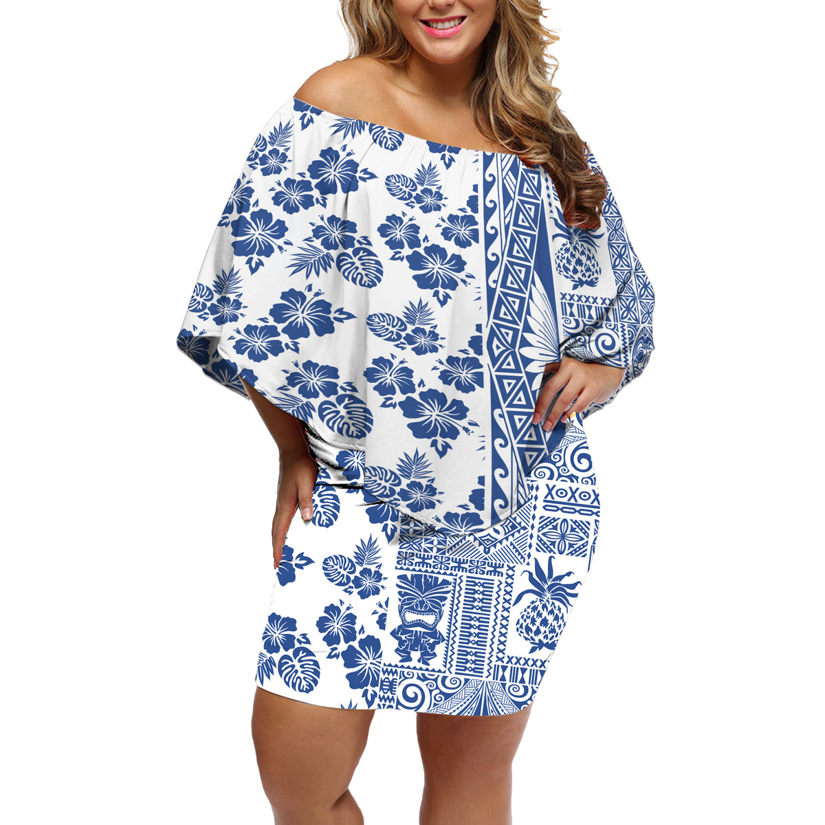 Hawaii Off Shoulder Short Dress Aloha Tropical Plants Tribal Pattern Blue Version LT03 Women Blue - Polynesian Pride