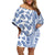 Hawaii Off Shoulder Short Dress Aloha Tropical Plants Tribal Pattern Blue Version LT03 Women Blue - Polynesian Pride