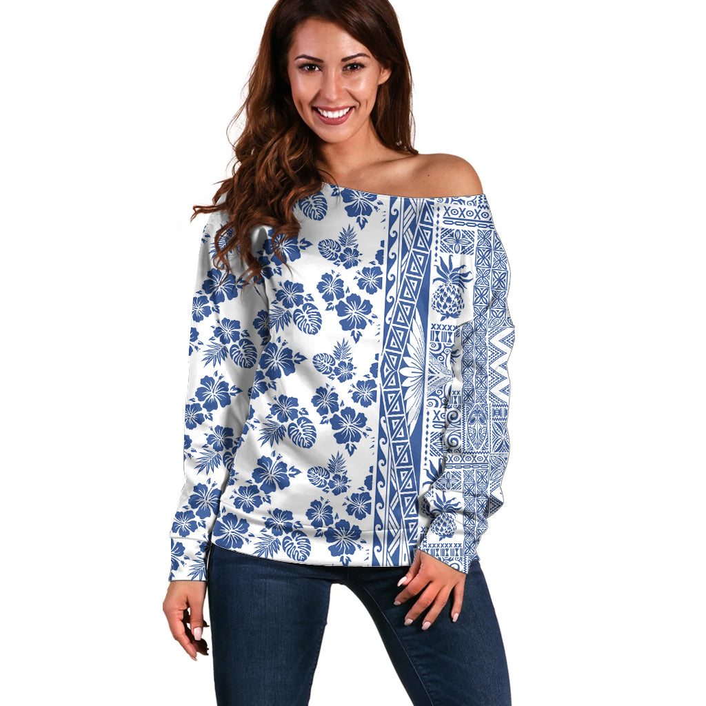 Hawaii Off Shoulder Sweater Aloha Tropical Plants Tribal Pattern Blue Version LT03 Women Blue - Polynesian Pride