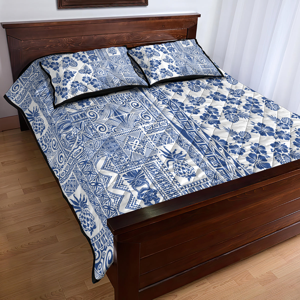 Hawaii Quilt Bed Set Aloha Tropical Plants Tribal Pattern Blue Version LT03 - Polynesian Pride