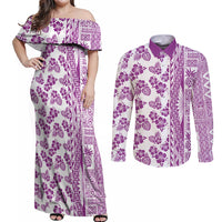 Hawaii Couples Matching Off Shoulder Maxi Dress and Long Sleeve Button Shirt Aloha Tropical Plants Tribal Pattern Pink Version LT03 Pink - Polynesian Pride