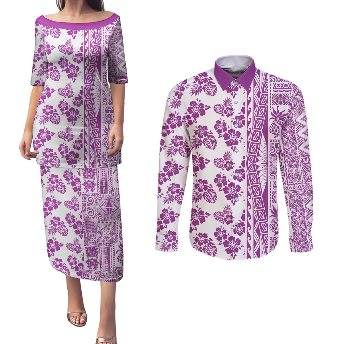 Hawaii Couples Matching Puletasi Dress and Long Sleeve Button Shirt Aloha Tropical Plants Tribal Pattern Pink Version LT03 Pink - Polynesian Pride