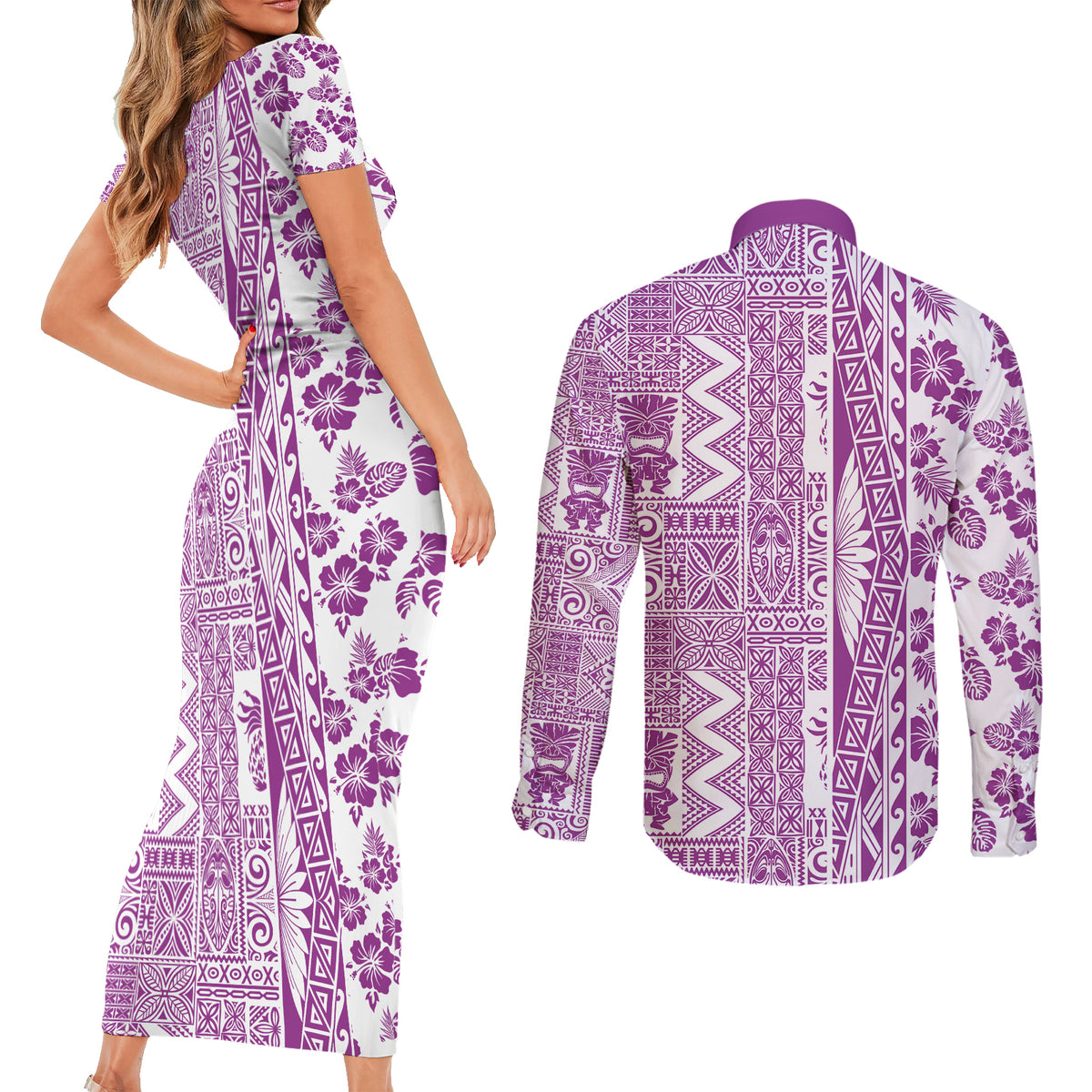 Hawaii Couples Matching Short Sleeve Bodycon Dress and Long Sleeve Button Shirt Aloha Tropical Plants Tribal Pattern Pink Version LT03 - Polynesian Pride