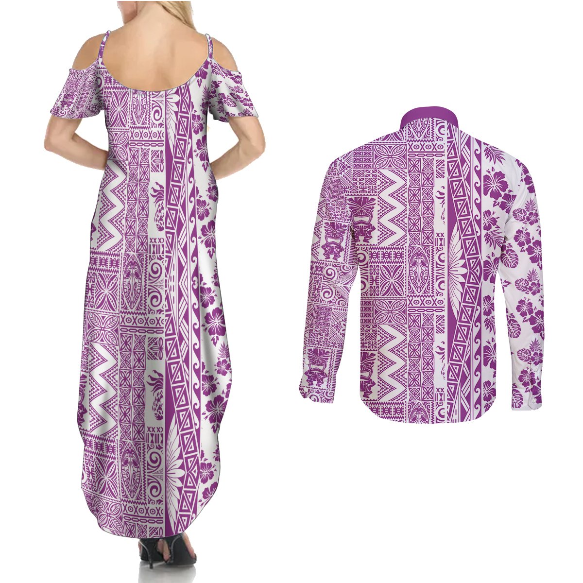 Hawaii Couples Matching Summer Maxi Dress and Long Sleeve Button Shirt Aloha Tropical Plants Tribal Pattern Pink Version LT03 - Polynesian Pride