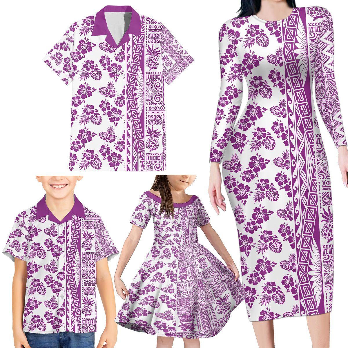 Hawaii Family Matching Long Sleeve Bodycon Dress and Hawaiian Shirt Aloha Tropical Plants Tribal Pattern Pink Version LT03 - Polynesian Pride