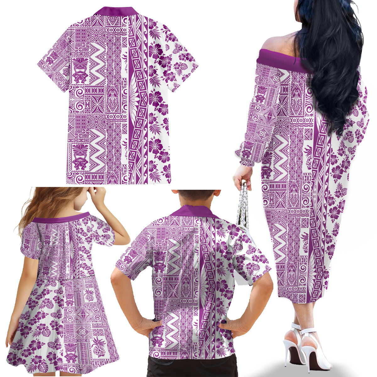 Hawaii Family Matching Off Shoulder Long Sleeve Dress and Hawaiian Shirt Aloha Tropical Plants Tribal Pattern Pink Version LT03 - Polynesian Pride
