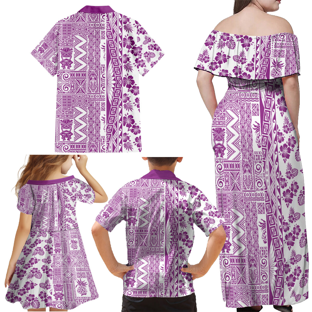 Hawaii Family Matching Off Shoulder Maxi Dress and Hawaiian Shirt Aloha Tropical Plants Tribal Pattern Pink Version LT03 - Polynesian Pride