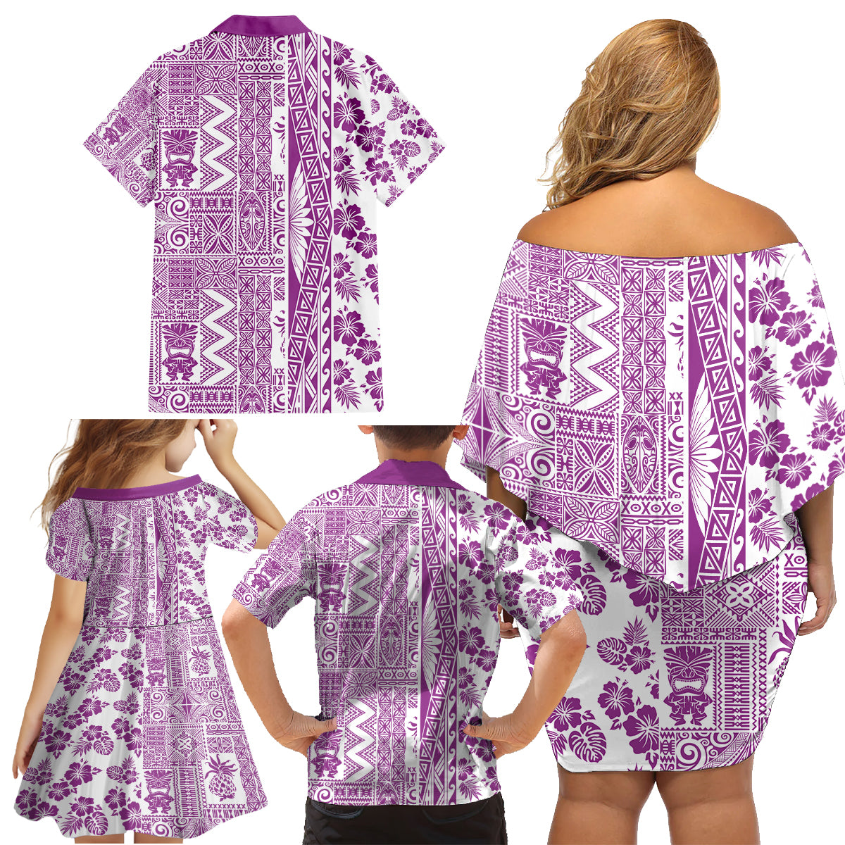 Hawaii Family Matching Off Shoulder Short Dress and Hawaiian Shirt Aloha Tropical Plants Tribal Pattern Pink Version LT03 - Polynesian Pride