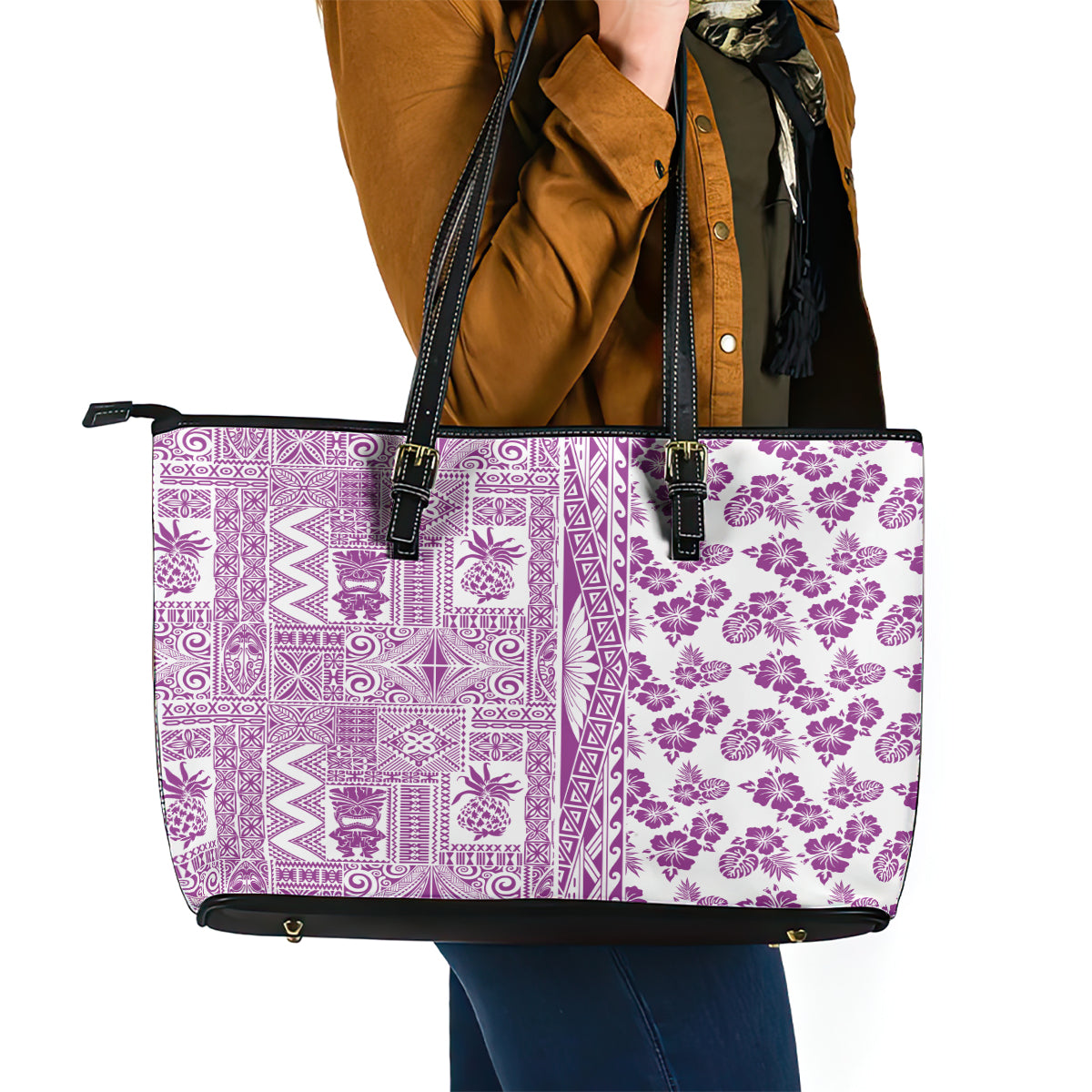 Hawaii Leather Tote Bag Aloha Tropical Plants Tribal Pattern Pink Version LT03 - Polynesian Pride