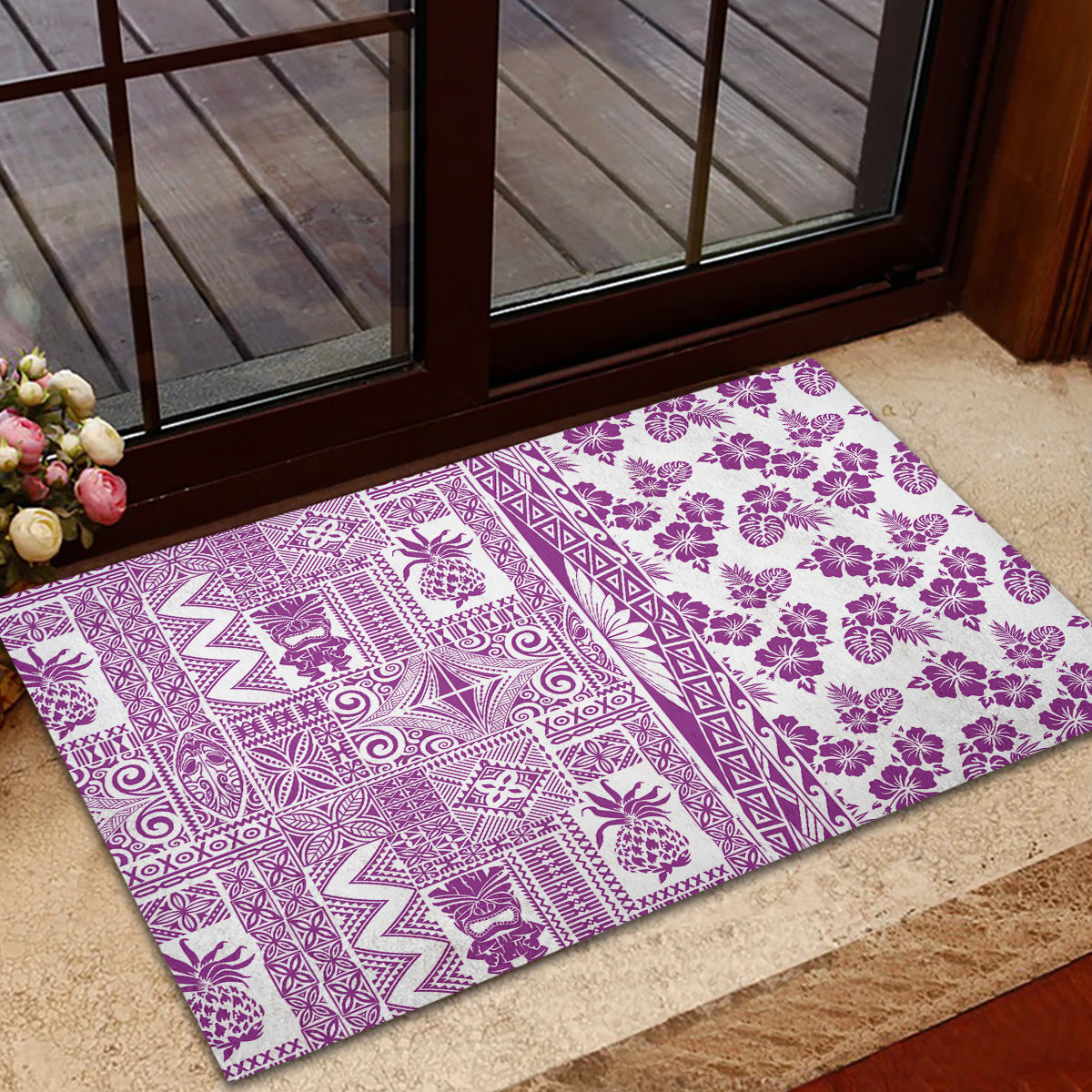 Hawaii Rubber Doormat Aloha Tropical Plants Tribal Pattern Pink Version LT03 - Polynesian Pride