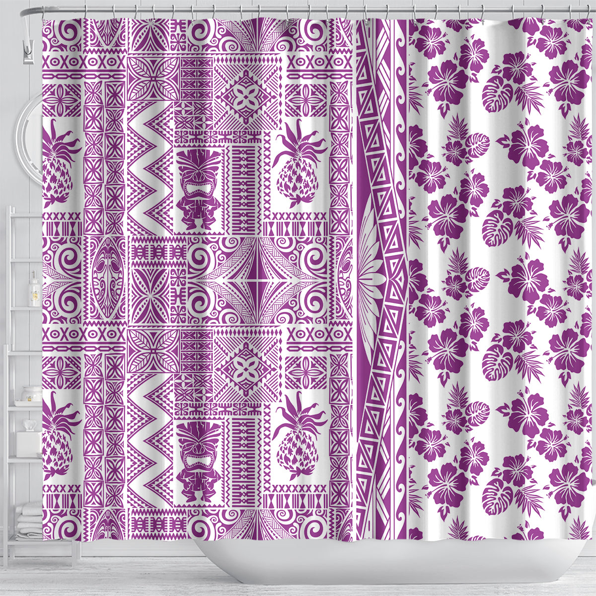 Hawaii Shower Curtain Aloha Tropical Plants Tribal Pattern Pink Version LT03 - Polynesian Pride
